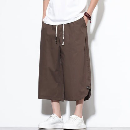 Buddha Stones Summer Casual Drawstring Side Slit Solid Cotton Men's Harem Pants With Pockets
