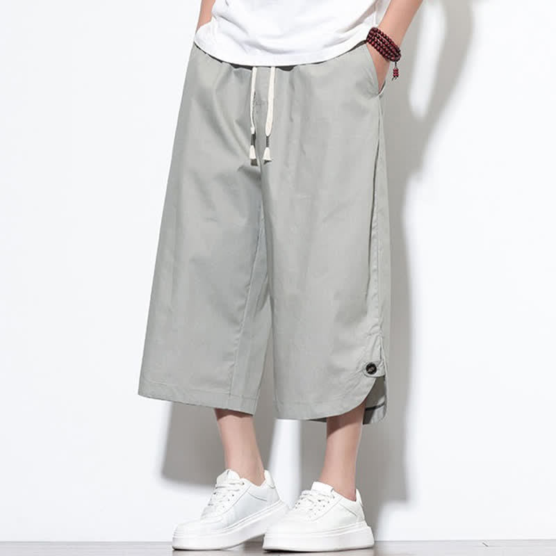 Buddha Stones Summer Casual Drawstring Side Slit Solid Cotton Men's Harem Pants With Pockets