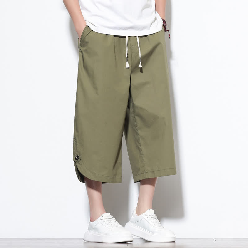 Buddha Stones Summer Casual Drawstring Side Slit Solid Cotton Men's Harem Pants With Pockets