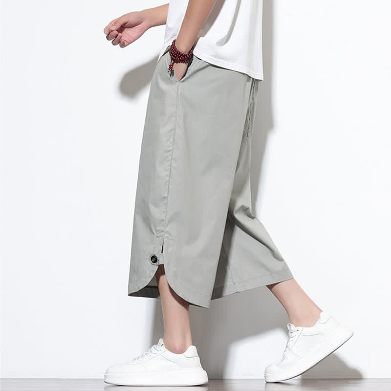 Buddha Stones Summer Casual Drawstring Side Slit Solid Cotton Men's Harem Pants With Pockets
