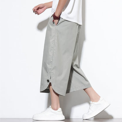 Buddha Stones Summer Casual Drawstring Side Slit Solid Cotton Men's Harem Pants With Pockets