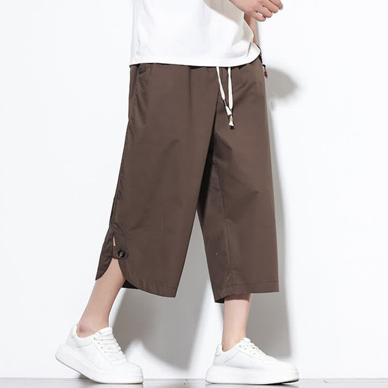 Buddha Stones Summer Casual Drawstring Side Slit Solid Cotton Men's Harem Pants With Pockets