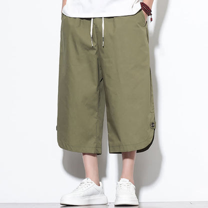 Buddha Stones Summer Casual Drawstring Side Slit Solid Cotton Men's Harem Pants With Pockets
