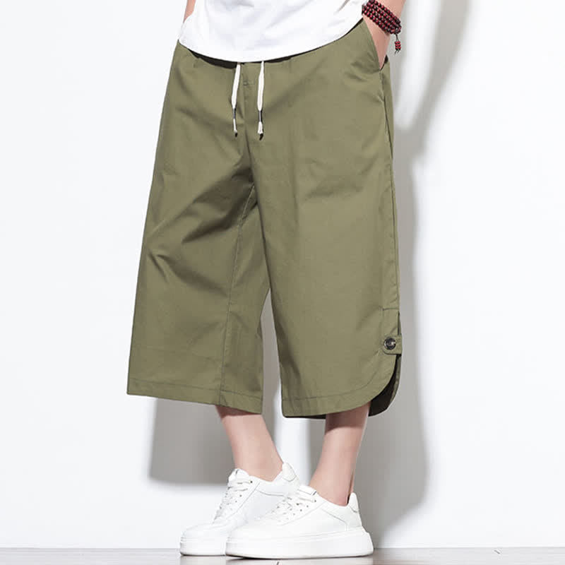Buddha Stones Summer Casual Drawstring Side Slit Solid Cotton Men's Harem Pants With Pockets