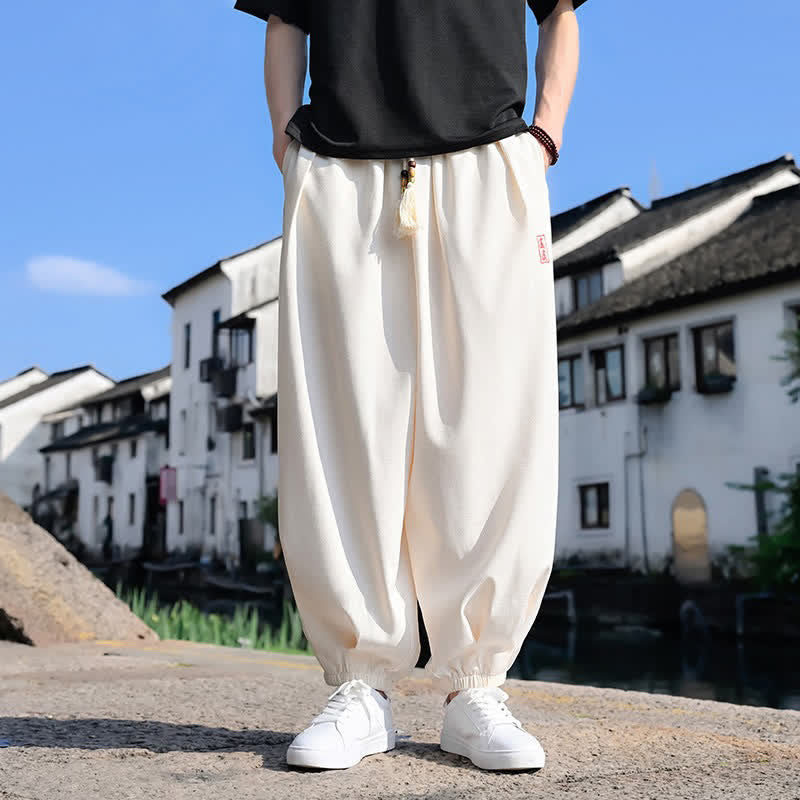 Buddha Stones Summer Drawstring Solid Ankle Length Men's Harem Pants With Pockets