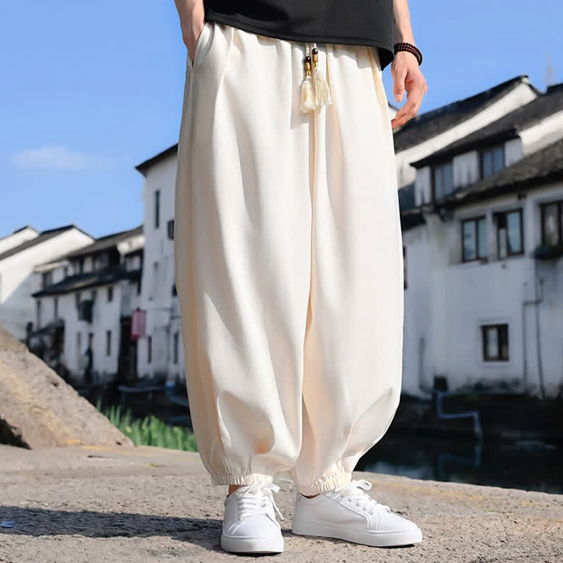 Buddha Stones Summer Drawstring Solid Ankle Length Men's Harem Pants With Pockets