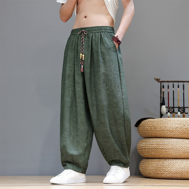 Buddha Stones Summer Bohemian Drawstring Solid Plant Pattern Men's Harem Pants With Pockets