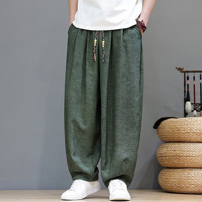 Buddha Stones Summer Bohemian Drawstring Solid Plant Pattern Men's Harem Pants With Pockets