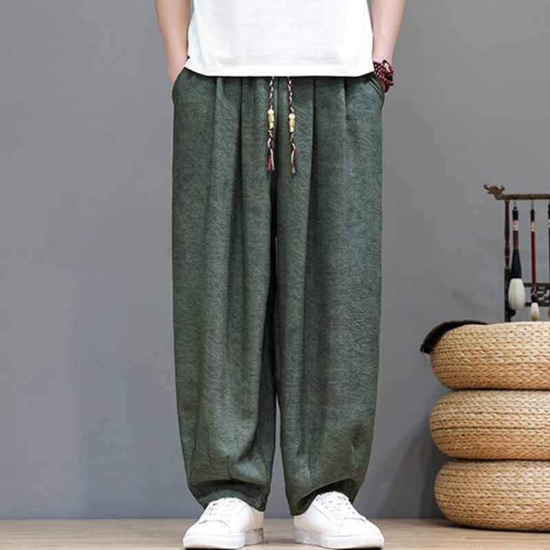 Buddha Stones Summer Bohemian Drawstring Solid Plant Pattern Men's Harem Pants With Pockets