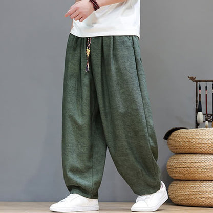 Buddha Stones Summer Bohemian Drawstring Solid Plant Pattern Men's Harem Pants With Pockets