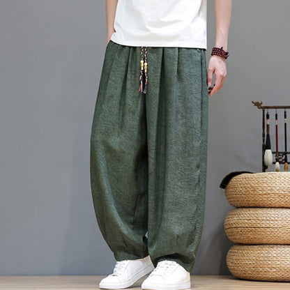 Buddha Stones Summer Bohemian Drawstring Solid Plant Pattern Men's Harem Pants With Pockets