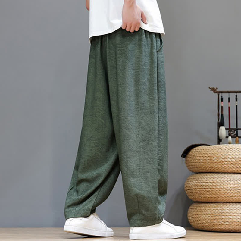 Buddha Stones Summer Bohemian Drawstring Solid Plant Pattern Men's Harem Pants With Pockets