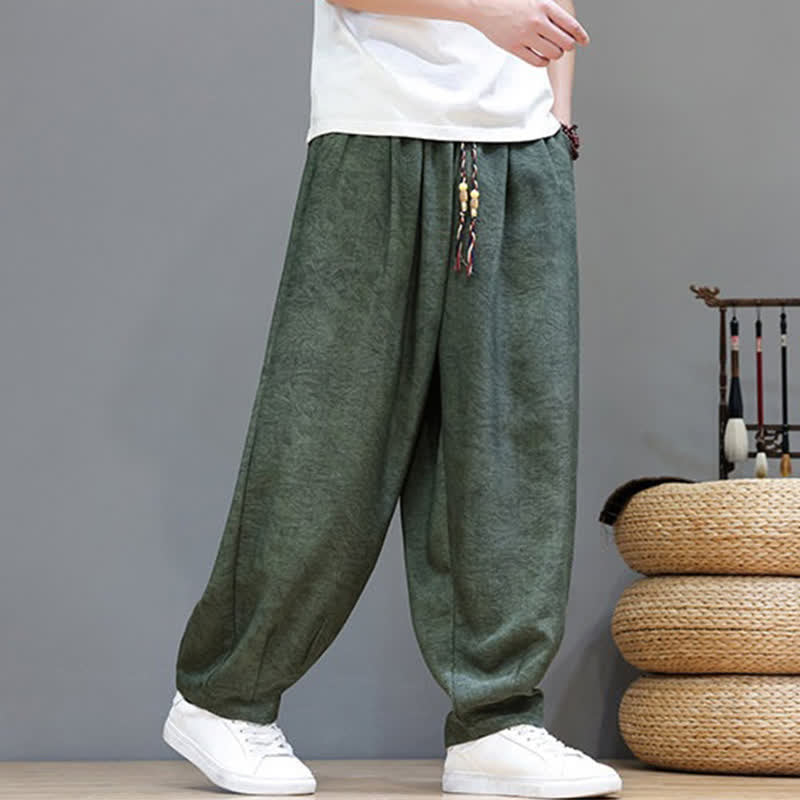 Buddha Stones Summer Bohemian Drawstring Solid Plant Pattern Men's Harem Pants With Pockets