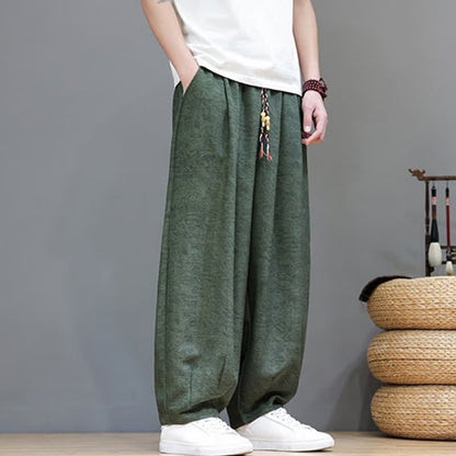 Buddha Stones Summer Bohemian Drawstring Solid Plant Pattern Men's Harem Pants With Pockets