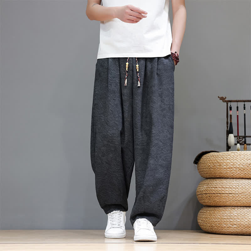 Buddha Stones Summer Bohemian Drawstring Solid Plant Pattern Men's Harem Pants With Pockets