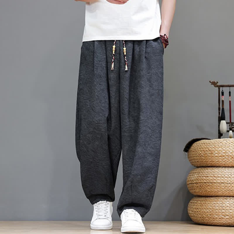 Buddha Stones Summer Bohemian Drawstring Solid Plant Pattern Men's Harem Pants With Pockets