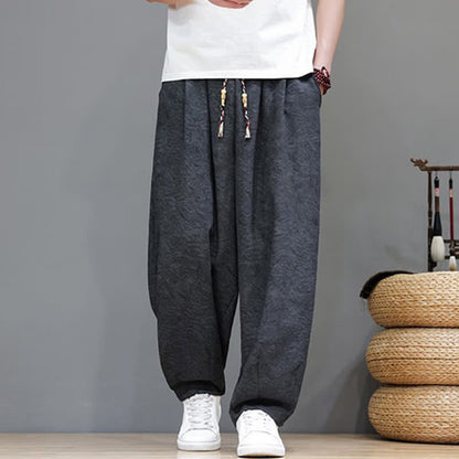 Buddha Stones Summer Bohemian Drawstring Solid Plant Pattern Men's Harem Pants With Pockets