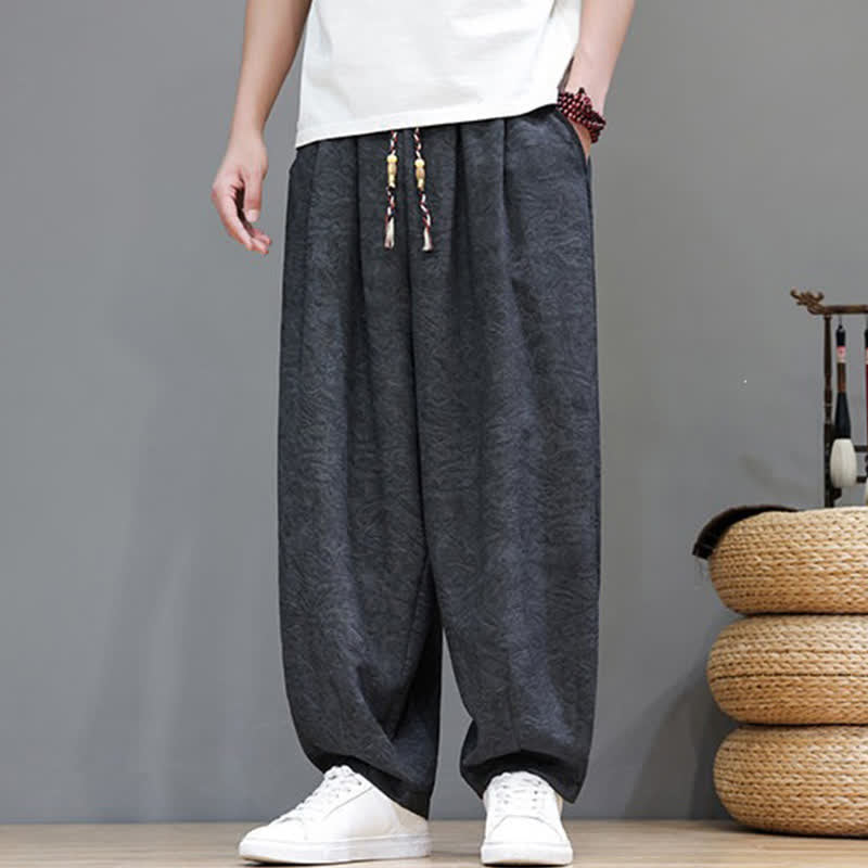 Buddha Stones Summer Bohemian Drawstring Solid Plant Pattern Men's Harem Pants With Pockets