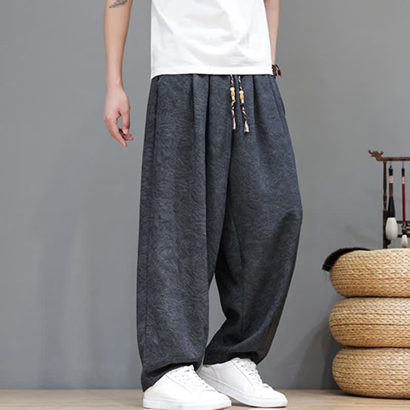Buddha Stones Summer Bohemian Drawstring Solid Plant Pattern Men's Harem Pants With Pockets