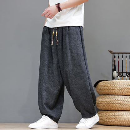 Buddha Stones Summer Bohemian Drawstring Solid Plant Pattern Men's Harem Pants With Pockets