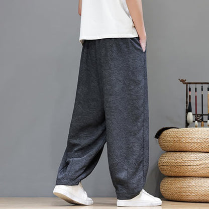 Buddha Stones Summer Bohemian Drawstring Solid Plant Pattern Men's Harem Pants With Pockets