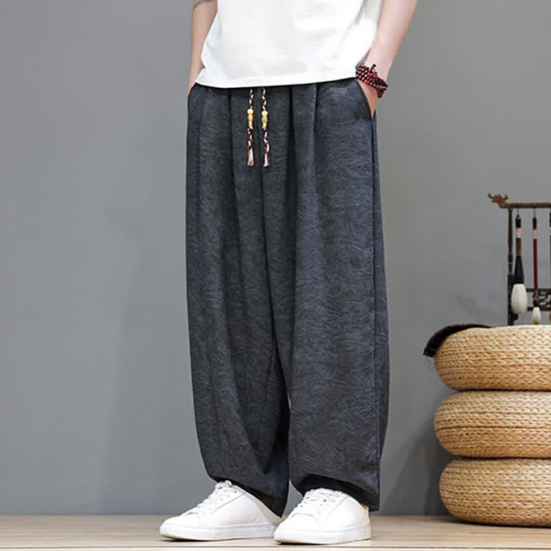 Buddha Stones Summer Bohemian Drawstring Solid Plant Pattern Men's Harem Pants With Pockets