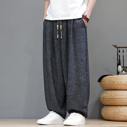 Buddha Stones Summer Bohemian Drawstring Solid Plant Pattern Men's Harem Pants With Pockets