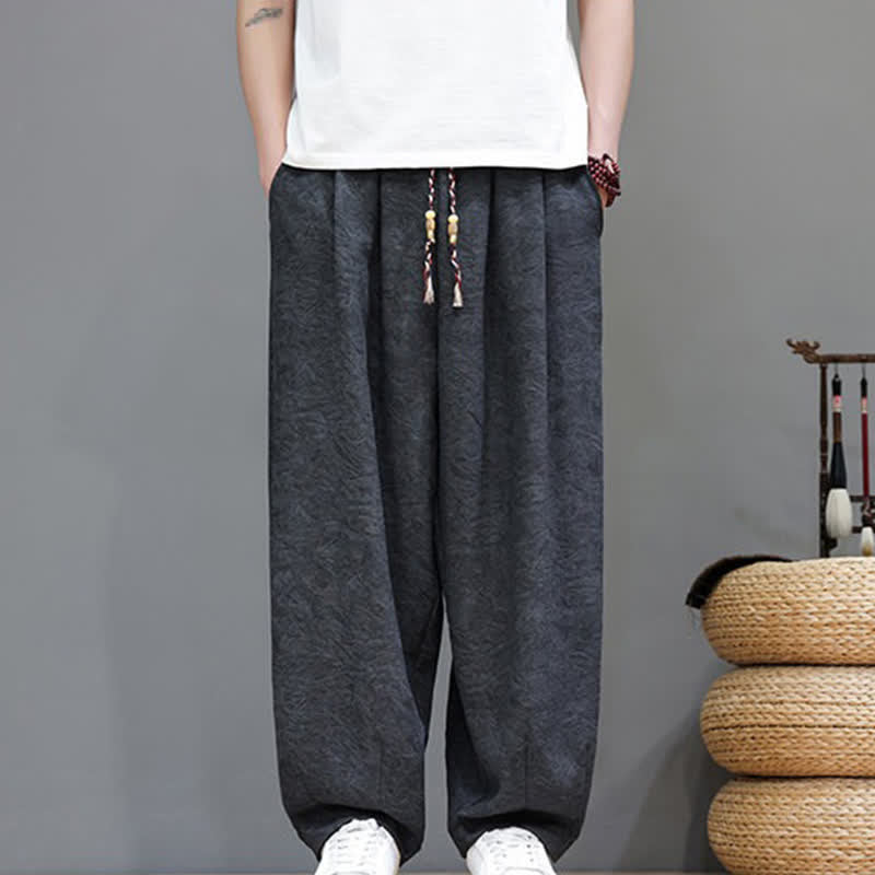 Buddha Stones Summer Bohemian Drawstring Solid Plant Pattern Men's Harem Pants With Pockets