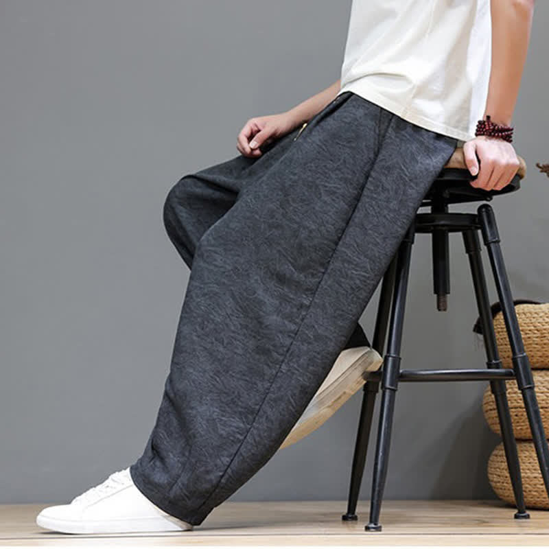 Buddha Stones Summer Bohemian Drawstring Solid Plant Pattern Men's Harem Pants With Pockets