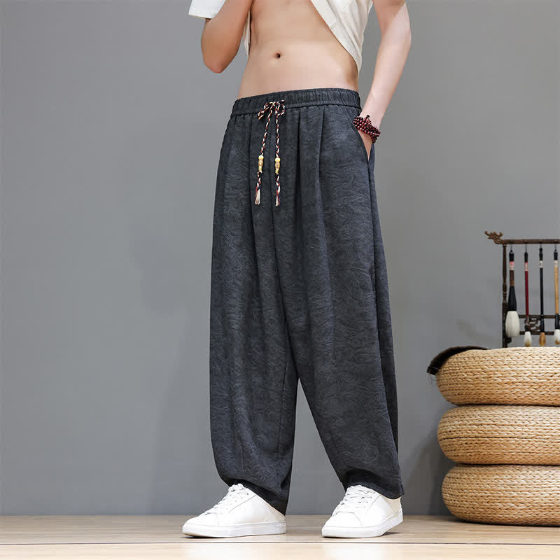 Buddha Stones Summer Bohemian Drawstring Solid Plant Pattern Men's Harem Pants With Pockets