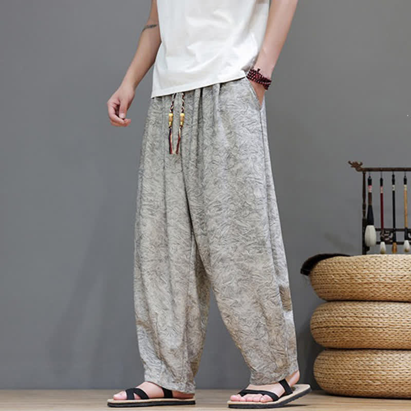 Buddha Stones Summer Bohemian Drawstring Solid Plant Pattern Men's Harem Pants With Pockets
