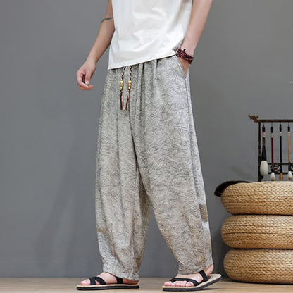Buddha Stones Summer Bohemian Drawstring Solid Plant Pattern Men's Harem Pants With Pockets