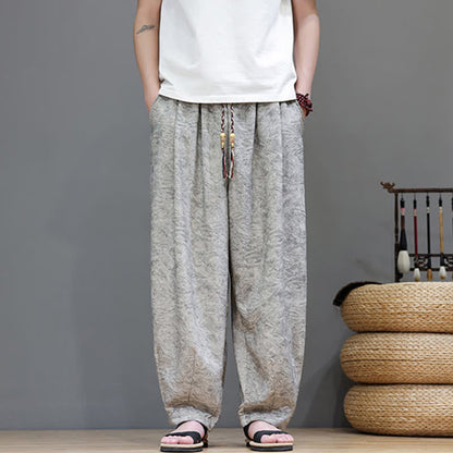 Buddha Stones Summer Bohemian Drawstring Solid Plant Pattern Men's Harem Pants With Pockets