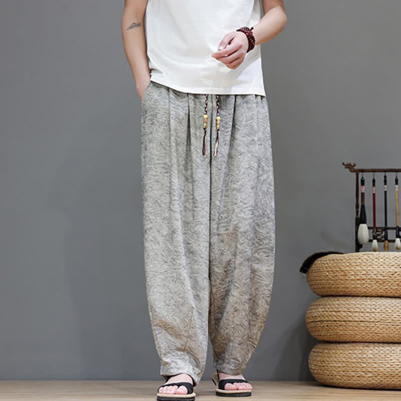 Buddha Stones Summer Bohemian Drawstring Solid Plant Pattern Men's Harem Pants With Pockets