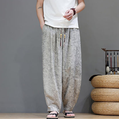 Buddha Stones Summer Bohemian Drawstring Solid Plant Pattern Men's Harem Pants With Pockets