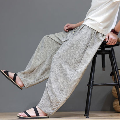 Buddha Stones Summer Bohemian Drawstring Solid Plant Pattern Men's Harem Pants With Pockets