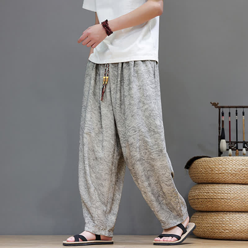 Buddha Stones Summer Bohemian Drawstring Solid Plant Pattern Men's Harem Pants With Pockets