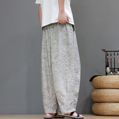 Buddha Stones Summer Bohemian Drawstring Solid Plant Pattern Men's Harem Pants With Pockets