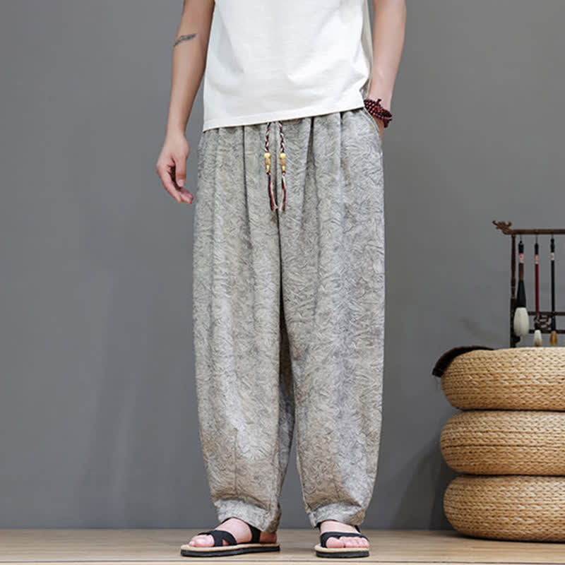 Buddha Stones Summer Bohemian Drawstring Solid Plant Pattern Men's Harem Pants With Pockets