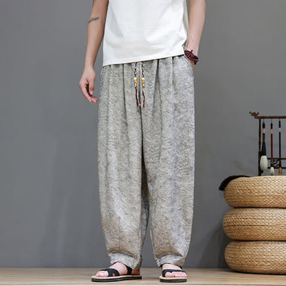 Buddha Stones Summer Bohemian Drawstring Solid Plant Pattern Men's Harem Pants With Pockets