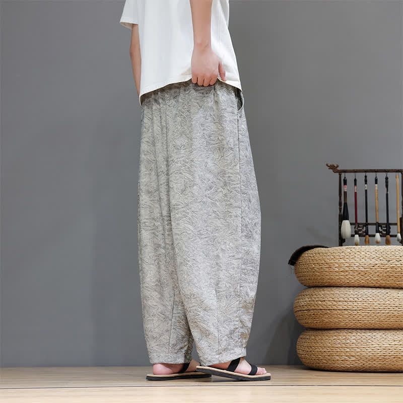 Buddha Stones Summer Bohemian Drawstring Solid Plant Pattern Men's Harem Pants With Pockets