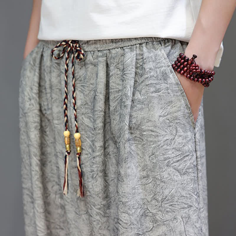 Buddha Stones Summer Bohemian Drawstring Solid Plant Pattern Men's Harem Pants With Pockets