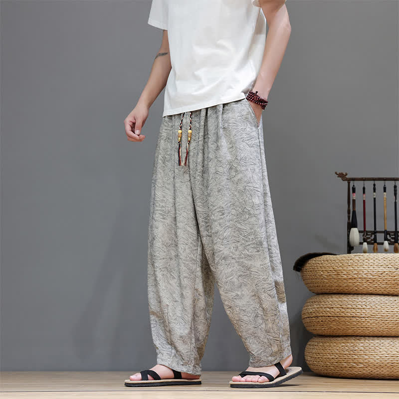 Buddha Stones Summer Bohemian Drawstring Solid Plant Pattern Men's Harem Pants With Pockets