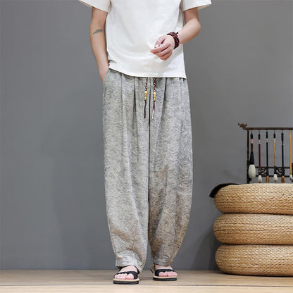 Buddha Stones Summer Bohemian Drawstring Solid Plant Pattern Men's Harem Pants With Pockets