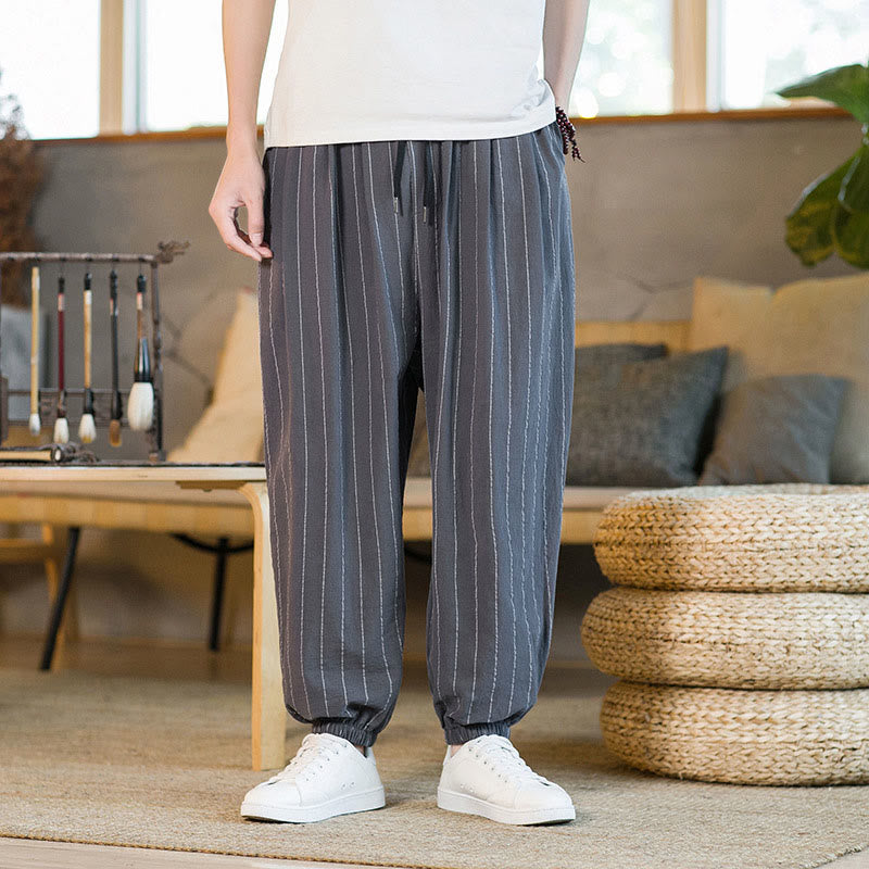Buddha Stones Summer Casual Drawstring Striped Men's Harem Pants With Pockets