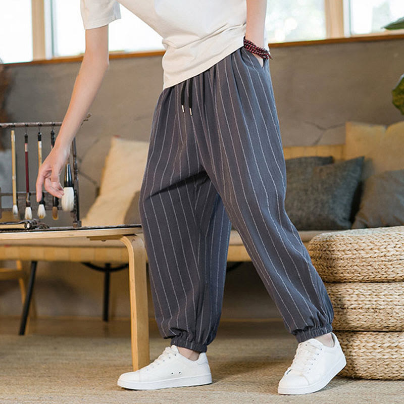 Buddha Stones Summer Casual Drawstring Striped Men's Harem Pants With Pockets
