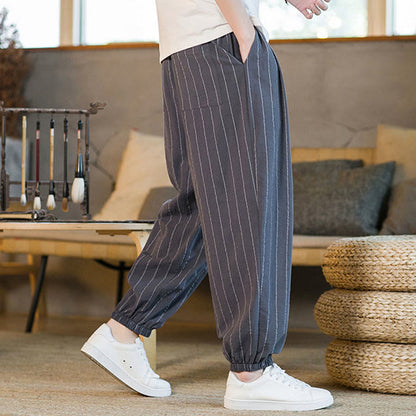 Buddha Stones Summer Casual Drawstring Striped Men's Harem Pants With Pockets