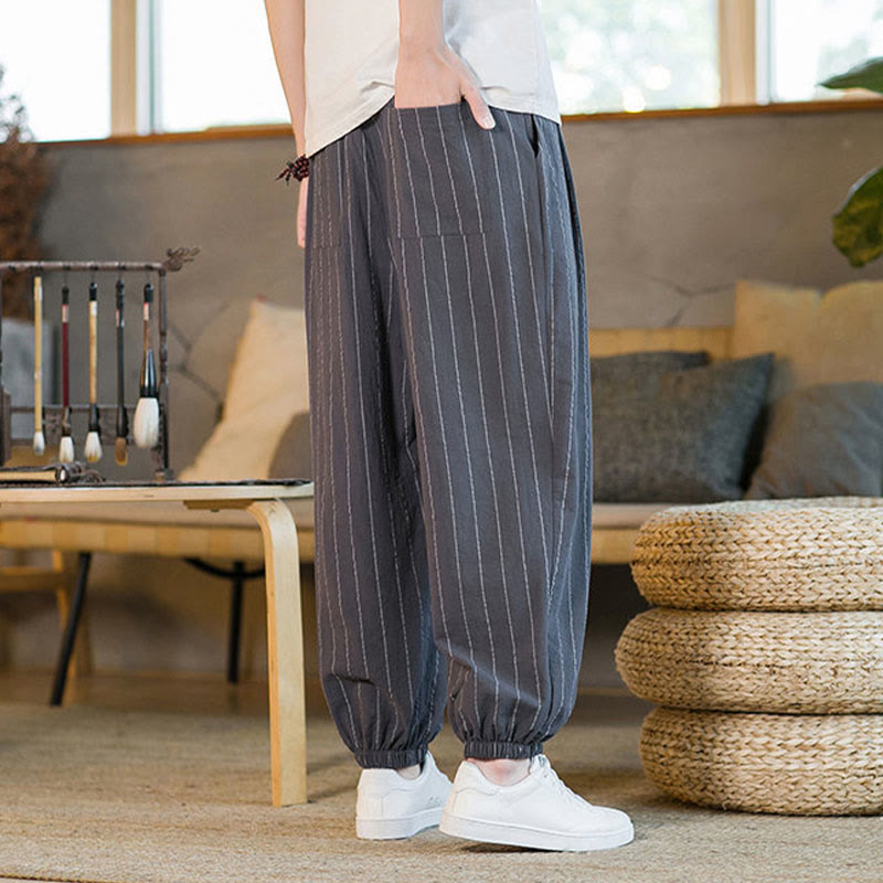 Buddha Stones Summer Casual Drawstring Striped Men's Harem Pants With Pockets