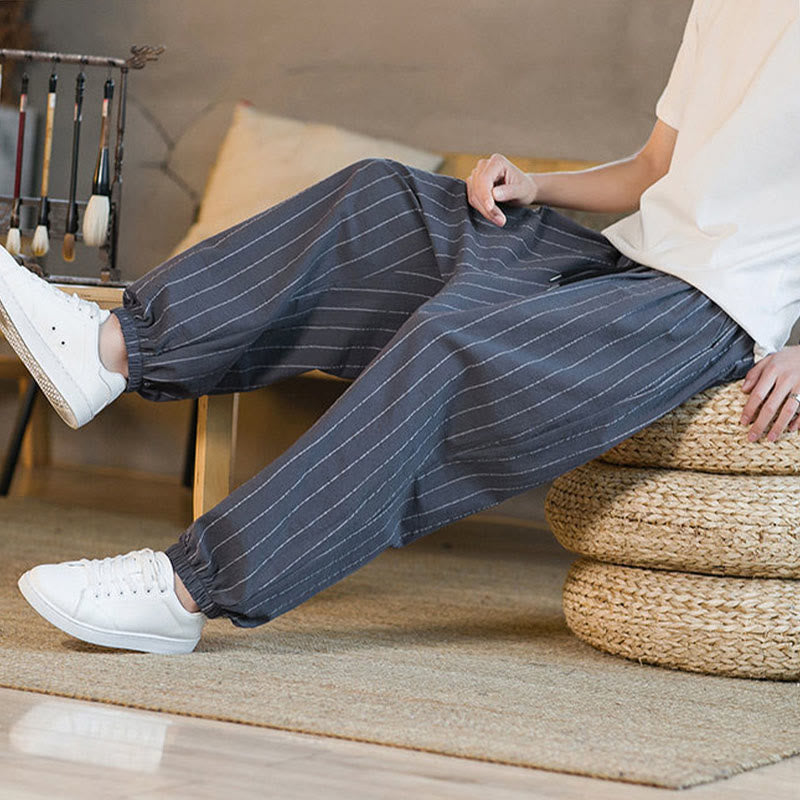 Buddha Stones Summer Casual Drawstring Striped Men's Harem Pants With Pockets