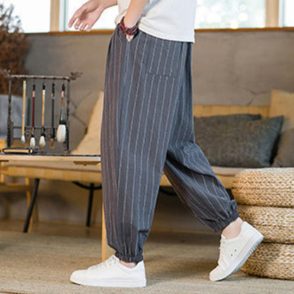 Buddha Stones Summer Casual Drawstring Striped Men's Harem Pants With Pockets